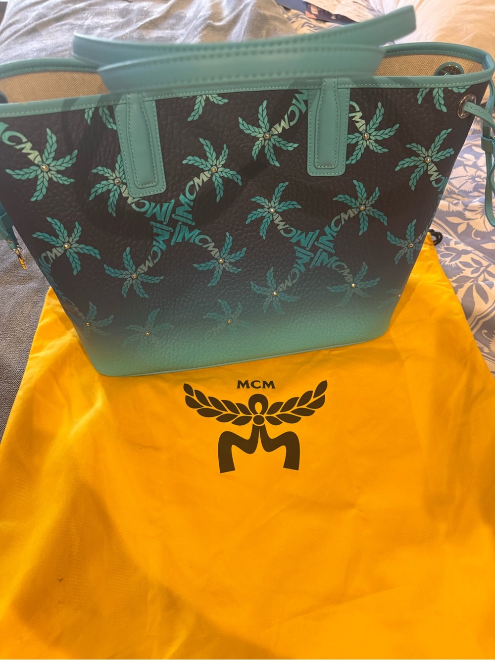 MCM Turquoise Ombre Logo Tote